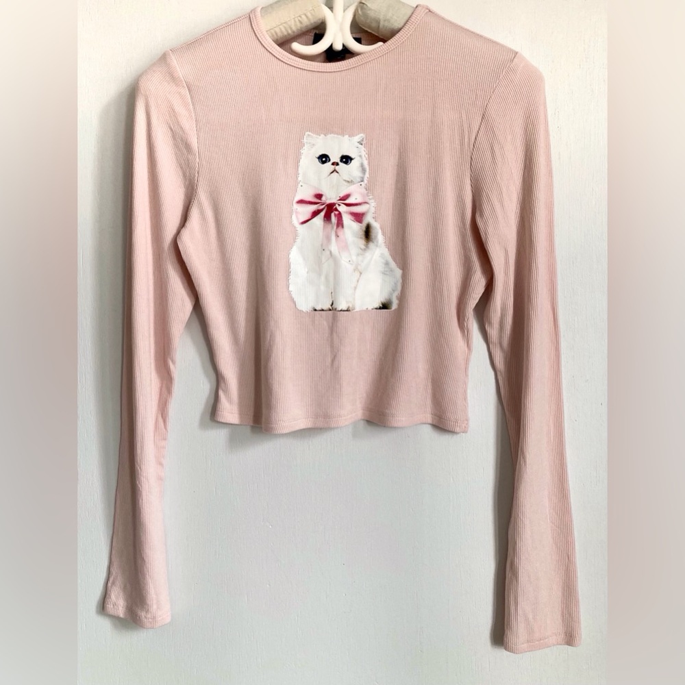 Refuge Pink Long Sleeve Cat Print Crop Top Size Large